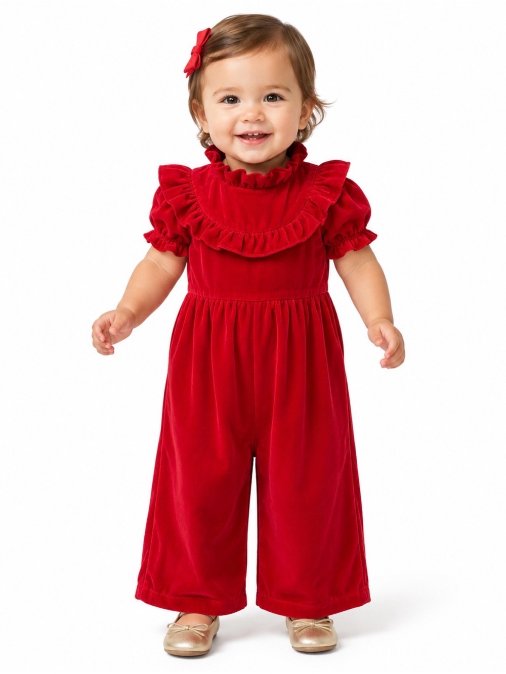 Janie and Jack Red Velvet Ruffle-Trim One-Piece Romper